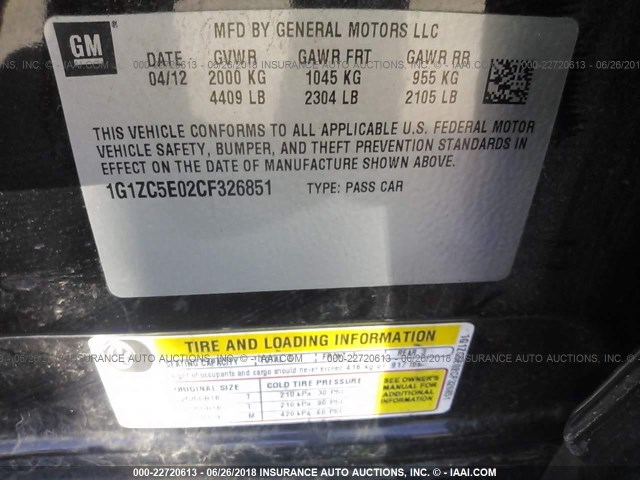 1G1ZC5E02CF326851 - 2012 CHEVROLET MALIBU 1LT 黑色 照片 9