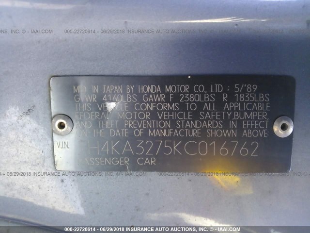 JH4KA3275KC016762 - 1989 ACURA LEGEND LS BLUE photo 9