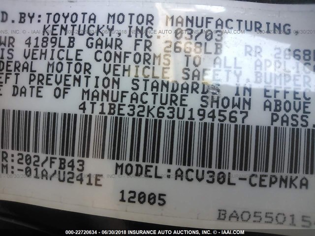 4T1BE32K63U194567 - 2003 TOYOTA CAMRY LE/XLE/SE 黑色 照片 9