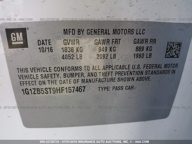 1G1ZB5ST9HF157467 - 2017 CHEVROLET MALIBU LS WHITE photo 9