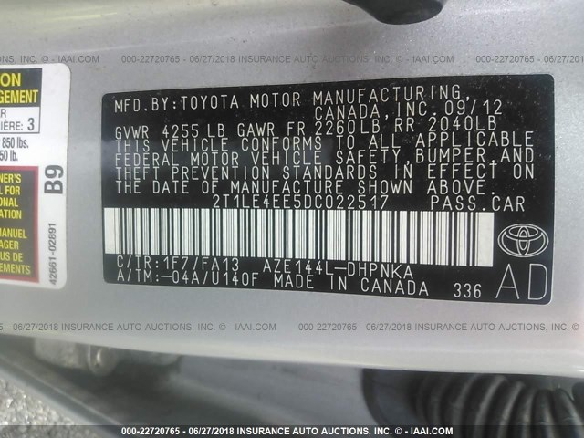 2T1LE4EE5DC022517 - 2013 TOYOTA COROLLA MATRIX S SILVER photo 9