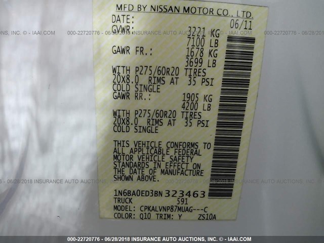 1N6BA0ED3BN323463 - 2011 NISSAN TITAN S/SV/SL/PRO-4X WHITE photo 9