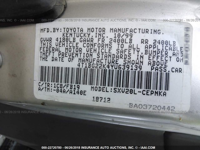 4T1BG22K4YU639139 - 2000 TOYOTA CAMRY CE/LE/XLE SILVER photo 9