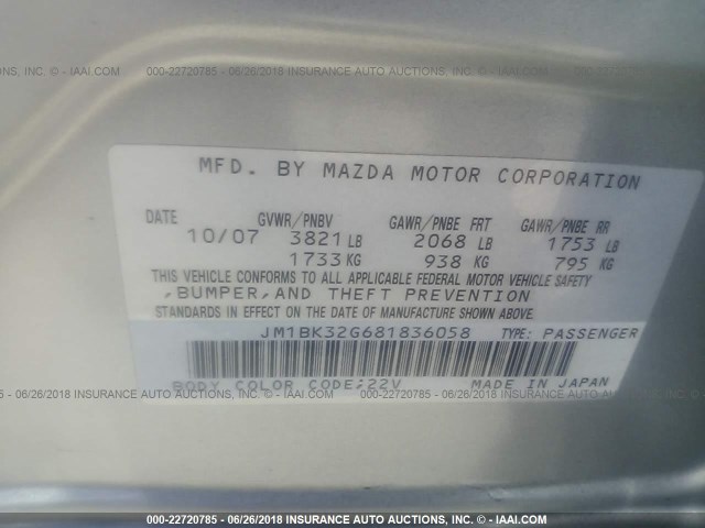 JM1BK32G681836058 - 2008 MAZDA 3 I SILVER photo 9