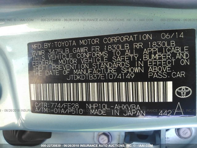 JTDKDTB37E1074149 - 2014 TOYOTA PRIUS C BLUE photo 9