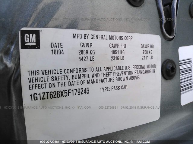 1G1ZT628X5F179245 - 2005 CHEVROLET MALIBU MAXX LS GRAY photo 9