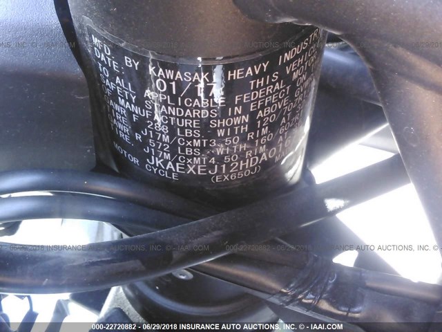 JKAEXEJ12HDA01674 - 2017 KAWASAKI EX650 J თეთრი ფოტო 10