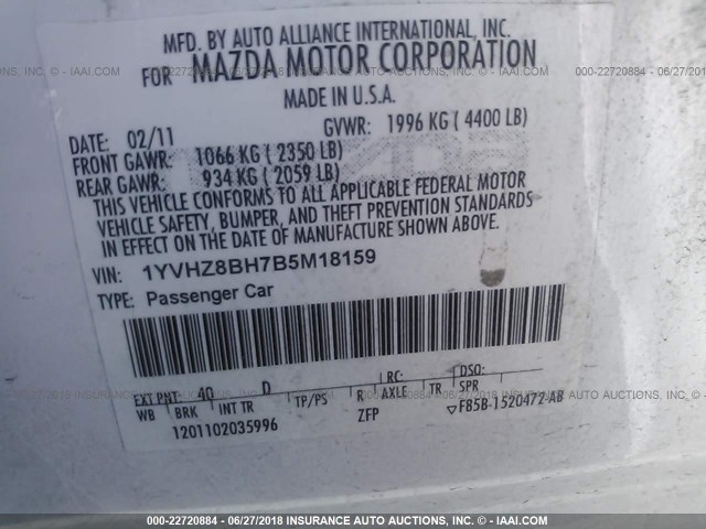 1YVHZ8BH7B5M18159 - 2011 MAZDA 6 I WHITE photo 9