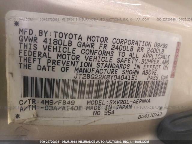 JT2BG22K8Y0404151 - 2000 TOYOTA CAMRY CE/LE/XLE TAN photo 9