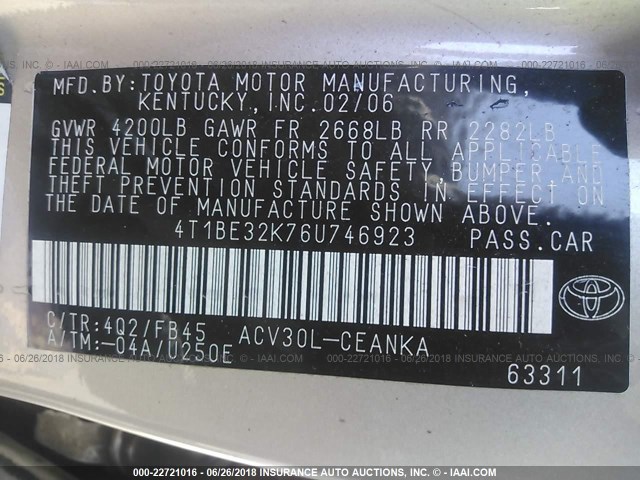 4T1BE32K76U746923 - 2006 TOYOTA CAMRY LE/XLE/SE 棕色 照片 9