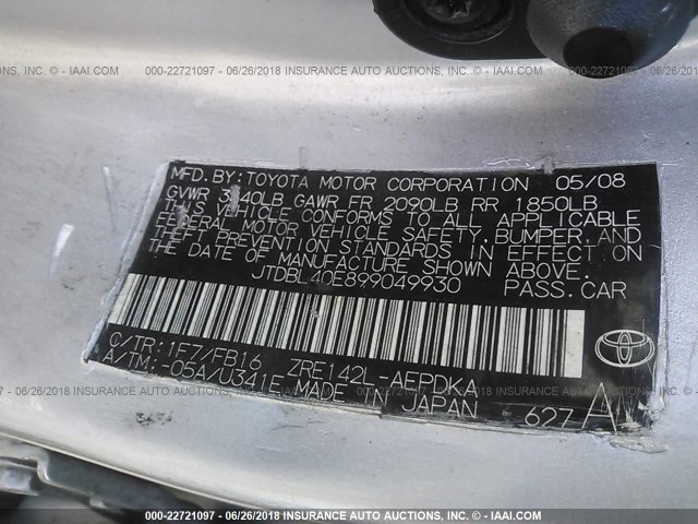 JTDBL40E899049930 - 2009 TOYOTA COROLLA LE/XLE SILVER photo 9