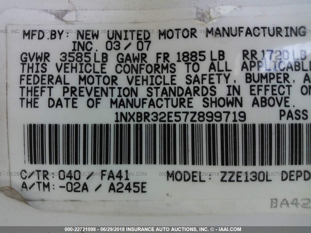 1NXBR32E57Z899719 - 2007 TOYOTA COROLLA CE/LE/S WHITE photo 9