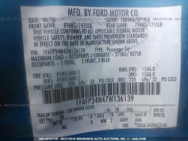 1FAFP34N47W136139 - 2007 FORD FOCUS ZX4/S/SE/SES 蓝色 照片 9