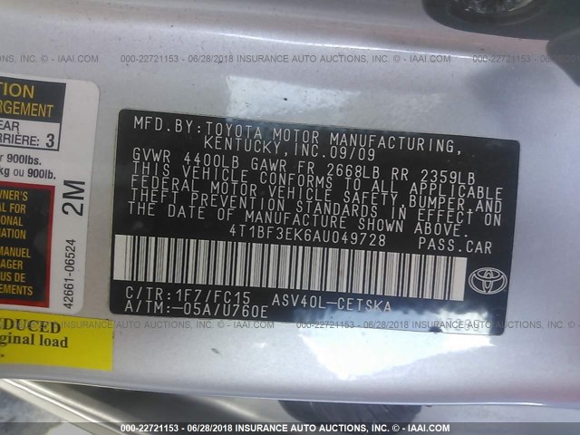 4T1BF3EK6AU049728 - 2010 TOYOTA CAMRY SE/LE/XLE 银色 照片 9