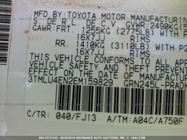 3TMLU4EN2EM159829 - 2014 TOYOTA TACOMA DOUBLE CAB თეთრი ფოტო 9