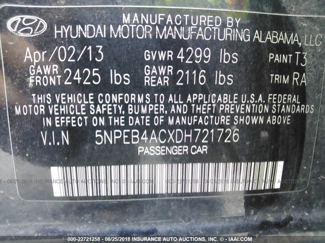 5NPEB4ACXDH721726 - 2013 HYUNDAI SONATA GLS Dark Blue photo 9