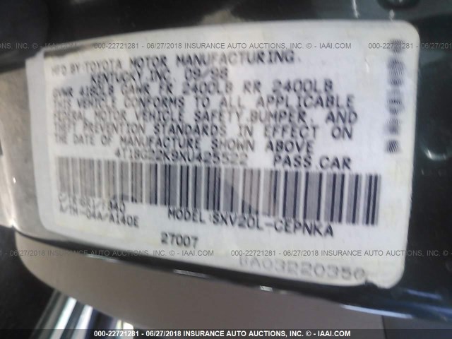 4T1BG22K9XU425522 - 1999 TOYOTA CAMRY CE/LE/XLE GREEN photo 9