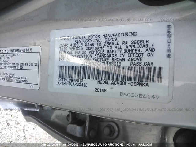 4T1BE32KX3U168019 - 2003 TOYOTA CAMRY LE/XLE/SE 银色 照片 9
