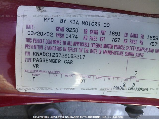 KNADC123726182217 - 2002 KIA RIO RED photo 9