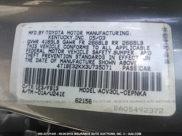 4T1BE32KX3U735071 - 2003 TOYOTA CAMRY LE/XLE/SE Boz foto 9