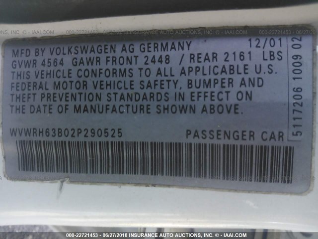 WVWRH63B02P290525 - 2002 VOLKSWAGEN PASSAT GLX 白色 照片 9