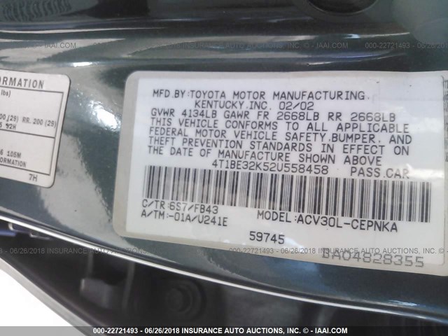 4T1BE32K52U558458 - 2002 TOYOTA CAMRY LE/XLE/SE მწვანე ფოტო 9