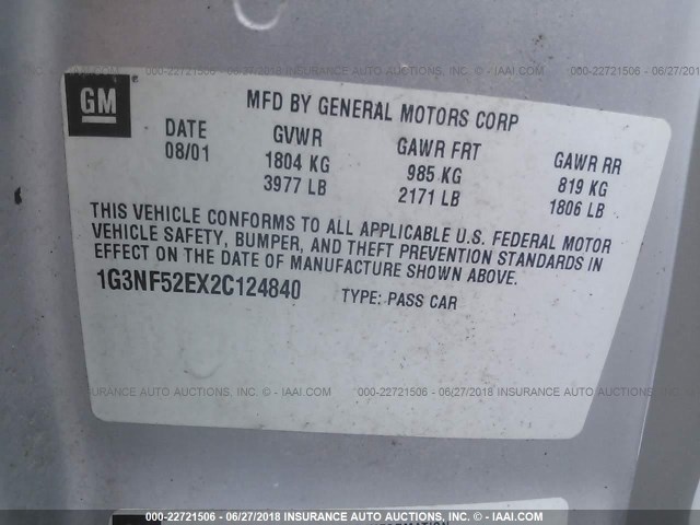 1G3NF52EX2C124840 - 2002 OLDSMOBILE ALERO GLS 银色 照片 9