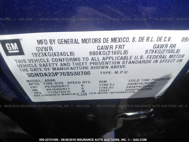 3GNDA23P76S538786 - 2006 CHEVROLET HHR LT BLUE photo 9