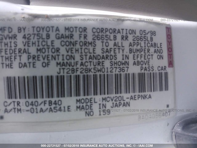 JT2BF28K5W0127367 - 1998 TOYOTA CAMRY LE/XLE WHITE photo 9