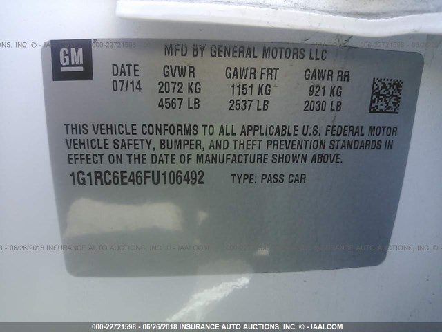 1G1RC6E46FU106492 - 2015 CHEVROLET VOLT WHITE photo 9