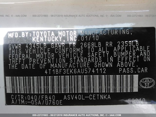 4T1BF3EK6AU574112 - 2010 TOYOTA CAMRY SE/LE/XLE WHITE photo 9