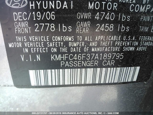 KMHFC46F37A189795 - 2007 HYUNDAI AZERA SE/LIMITED GRAY photo 9