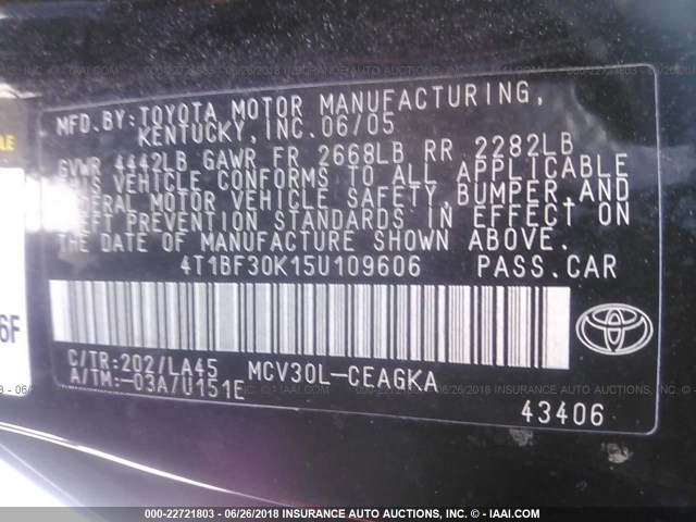 4T1BF30K15U109606 - 2005 TOYOTA CAMRY LE/XLE/SE 黑色 照片 9