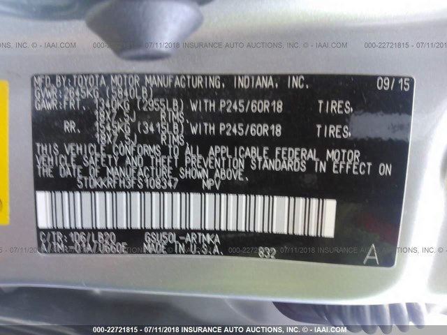 5TDKKRFH3FS108347 - 2015 TOYOTA HIGHLANDER XLE ნაცრისფერი ფოტო 9