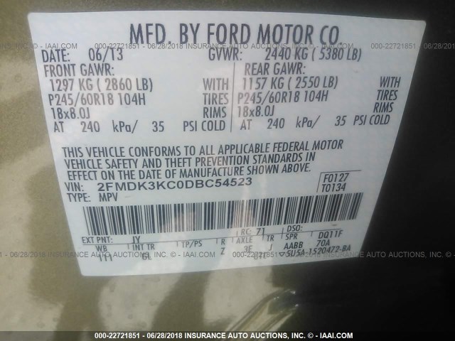 2FMDK3KC0DBC54523 - 2013 FORD EDGE LIMITED GREEN photo 9