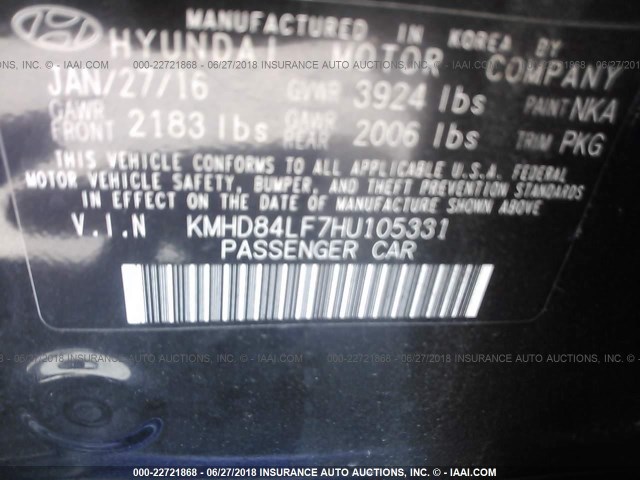 KMHD84LF7HU105331 - 2017 HYUNDAI ELANTRA SE/VALUE/LIMITED შავი ფოტო 9