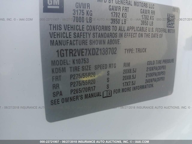 1GTR2VE7XDZ138702 - 2013 GMC SIERRA K1500 SLE WHITE photo 9