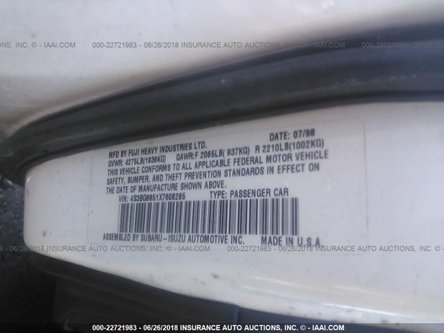 4S3BG6851X7606285 - 1999 SUBARU LEGACY OUTBACK/SSV/LIMITED/30TH WHITE photo 9