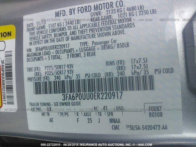 3FA6P0UU0ER220917 - 2014 FORD FUSION S HYBRID SILVER photo 9