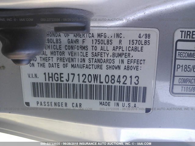 1HGEJ7120WL084213 - 1998 HONDA CIVIC HX SILVER photo 9