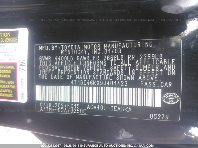 4T1BE46KX9U401423 - 2009 TOYOTA CAMRY SE/LE/XLE 黑色 照片 9