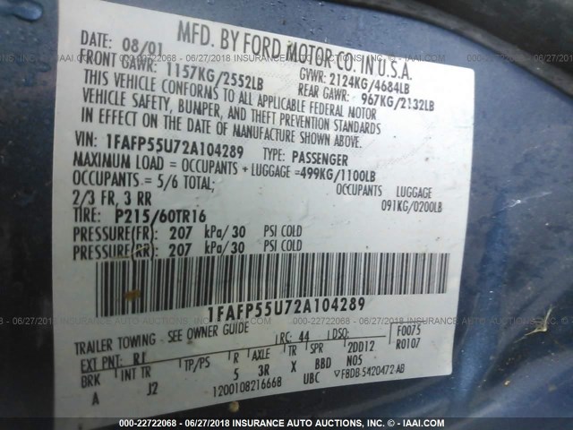 1FAFP55U72A104289 - 2002 FORD TAURUS SES BLUE photo 9