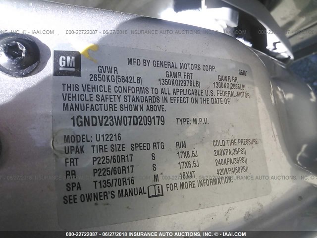 1GNDV23W07D209179 - 2007 CHEVROLET UPLANDER LS SILVER photo 9