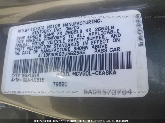 4T1BF30K93U562532 - 2003 TOYOTA CAMRY LE/XLE/SE Gümüş foto 9