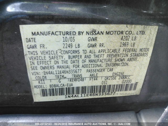 1N4AL11E46N335677 - 2006 NISSAN ALTIMA S/SL GRAY photo 9