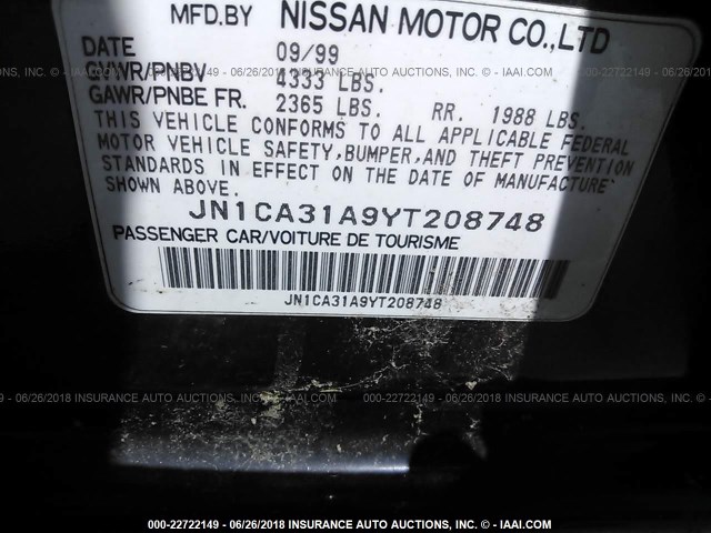 JN1CA31A9YT208748 - 2000 NISSAN MAXIMA GLE/GXE/SE BLACK photo 9