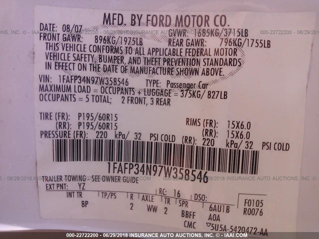 1FAFP34N97W358546 - 2007 FORD FOCUS ZX4/S/SE/SES WHITE photo 9