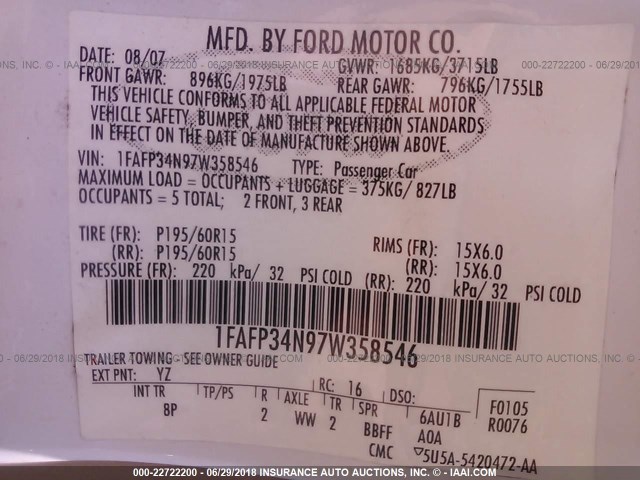 1FAFP34N97W358546 - 2007 FORD FOCUS ZX4/S/SE/SES 白色 照片 9