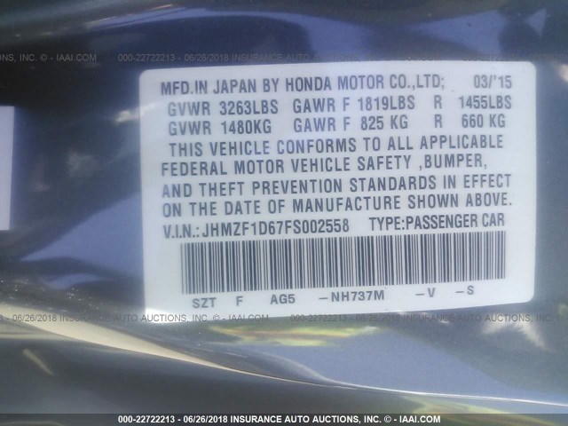 JHMZF1D67FS002558 - 2015 HONDA CR-Z EX GRAY photo 9