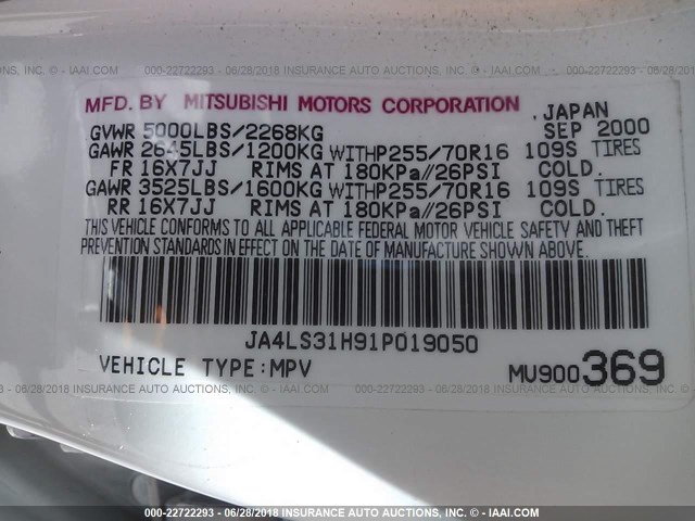 JA4LS31H91P019050 - 2001 MITSUBISHI MONTERO SPORT XLS WHITE photo 9